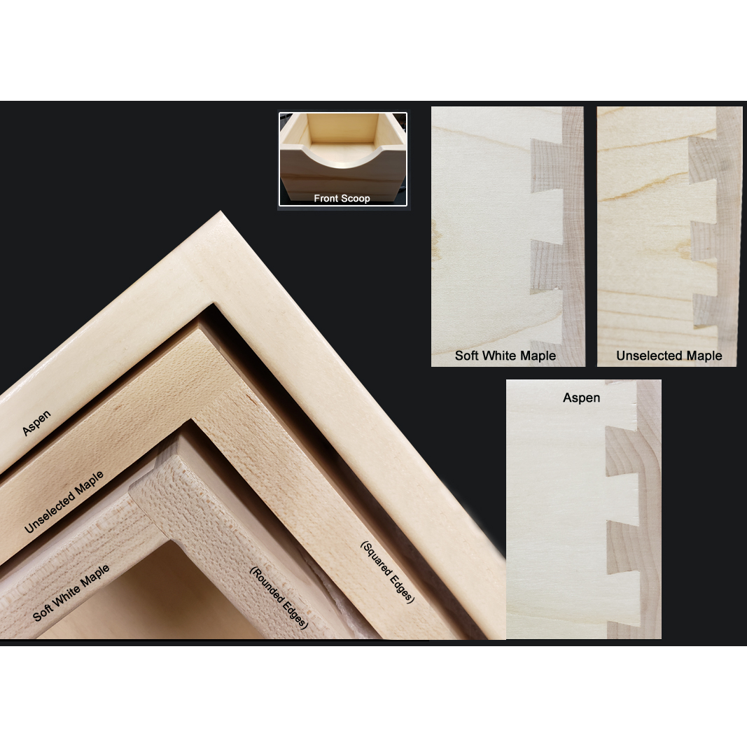 Drawer Boxes Made the Way You Want Them - Click to Enlarge. Image shows various wood species and drawer box features