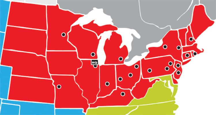 Würth Baer Supply Territory map. Clicking on your state or location pops up a message stating which A&D Specification Representative to call