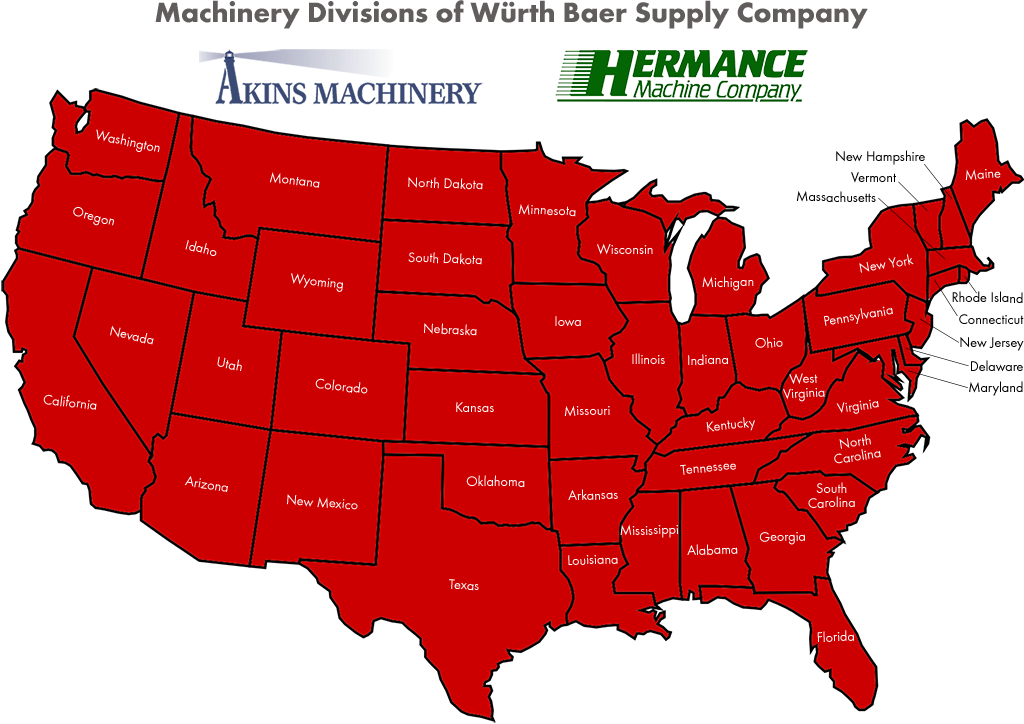 Würth Baer Supply Machinery map. Clicking on your state or location opens a new window with the Machinery Division serving your state